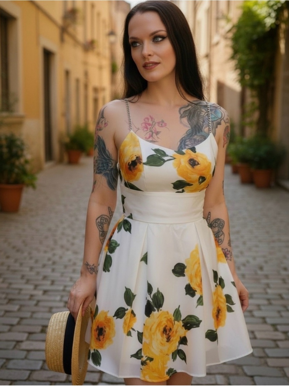 Windsor Yellow Floral Fit & Flare Lace-Up Back Dress Small EUC